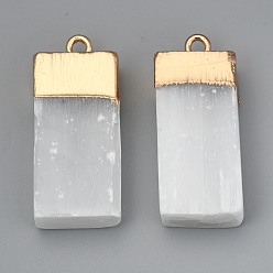 Light Gold Natural Selenite Pendant, with  Iron Loops, Rectangle, Light Gold, 34~35.5x14.5~17x9~10mm, Hole: 2.5mm
