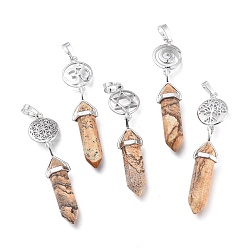 Picture Jasper Natural Picture Jasper Pointed Big Pendants, Double Terminated Pointed, with Platinum Plated Brass Findings, Faceted, Bullet, 59~67x14~15mm, Hole: 7x5mm, Gemstone: 41~44x8mm
