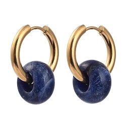 Sodalite 304 Stainless Steel Huggie Hoop Earrings, with 316 Surgical Stainless Steel Pin and Rondelle Natural Sodalite Beads, Golden, 25mm, Pin: 0.9mm