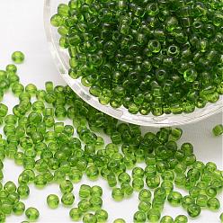 Verde 15/0 perlas de cristal de la semilla, Grado A, rondo, colores transparentes, verde, 1.3~1.5 mm, agujero: 0.5 mm, sobre 75000 unidades / libra