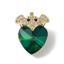 Dark Green Real 18K Gold Plated Rack Plating Brass Micro Pave Clear Cubic Zirconia Pendants, with Glass, Long-Lasting Plated, Cadmium Free & Lead Free, Bat with Heart Charm, Dark Green, 18x14x9.5mm, Hole: 5x3mm
