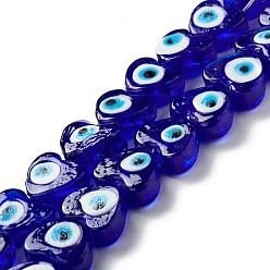 Azul Hechos a mano de los granos del lampwork del ojo malvado, corazón, azul, 14.5~15x15.5~16x6.5~7.5 mm, agujero: 1~1.6 mm, sobre 25 unidades / cadena, 14.02~13.66 pulgada (34.7~35.6 cm)