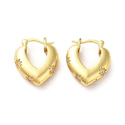 Golden Clear Cubic Zirconia Heart with Star Hoop Earrings, Brass Jewelry for Women, Golden, 23x20x7mm, Pin: 0.8~1.1mm