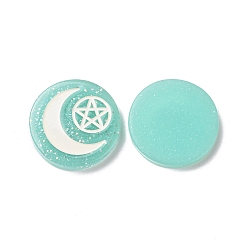 Turquoise Resin Cabochons, with Glitter Powder, Flat Round with Moon & Pentagram Pattern, Turquoise, 29x5.5mm