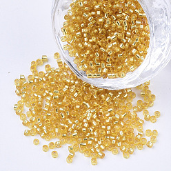 Gold Glass Cylinder Beads, Seed Beads, Silver Lined, Round Hole, Gold, 1.5~2x1~2mm, Hole: 0.8mm, about 8000pcs/bag, about 85~95g/bag