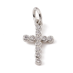 Platinum Brass Micro Pave Cubic Zirconia Charms, with Jump Rings, Religion Cross Charms, Platinum, 14x9x1.5mm, Hole: 3.4mm