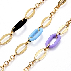 Colorful Handmade Brass Oval Link Chains, with Acrylic Linking Rings, Unwelded, Real 18K Gold Plated, Colorful, Link: 8.5x6.5x2mm and 24x12x2mm, Acrylic: 27.5x16.5x4.5mm. 