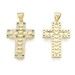 Green Brass Micro Pave Cubic Zirconia Pendants, Real 18K Gold Plated, Cross, Green, 27x17x2mm, Hole: 3.5x4mm