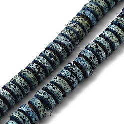 Green Plated Electroplated Natural Lava Rock Beads Strands, Flat Round/Disc, Heishi Beads, Green Plated, 7x3mm, Hole: 3mm, about 123pcs/strand, 16.14''(41cm)