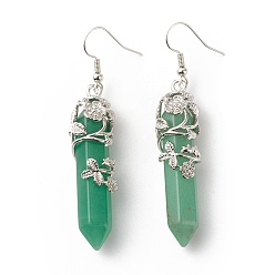 Green Aventurine Natural Green Aventurine Bullet with Flower Dangle Earrings, Platinum Tone Brass Jewelry for Women, Cadmium Free & Lead Free, 62~63mm, Pin: 0.6mm