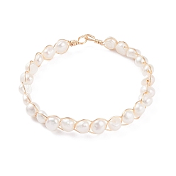 White Natural Cultured Freshwater Pearl Beaded Bracelets for Women, Copper Wire Wrapped Bead Bracelets, White, Inner Diameter: 2-1/8~2-1/4 inch (5.45~5.7cm)