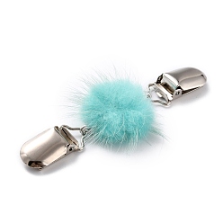 Cyan Vintage Alloy Cardigan Clips, with Faux Mink Fur Covered Round Beads, Sweater Collar Clip, Platinum, Cyan, 110mm
