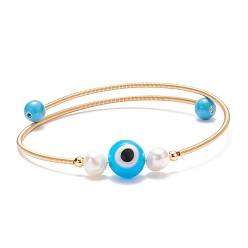 Synthetic Turquoise Synthetic Turquoise(Dyed) & Evil Eye Lampwork & Natural Pearl Beaded Bangle, Brass Torque Bangle for Women, Golden, Inner Diameter: 2-1/8 inch(5.5cm)