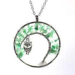 Green Aventurine Natural Green Aventurine Chip Owl with Tree of Life Pendant Necklaces, Curb Chain Necklace for Women, 20-7/8 inch(53cm)