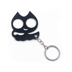 Black Alloy Cat Head Shape Defense Keychain, Window Glass Breaker Charm Keychain with Iron Findings, Black, 60x53mm