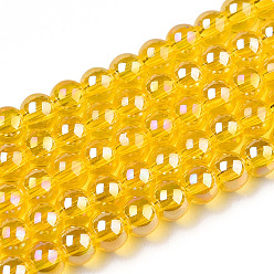 Gold Electroplate Transparent Glass Beads Strands, AB Color Plated, Round, Gold, 4~4.5mm, Hole: 0.8mm, about 97~99pcs/strand, 14.76 inch~14.96 inch(37.5~38cm)