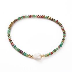 Coloré Bracelets extensibles en perles de verre rondelles à facettes, avec des perles coeur en coquillage naturel et des perles rondes en laiton, colorées, diamètre intérieur: 2-1/4 pouce (5.8 cm)