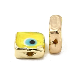 Yellow Brass Enamel Beads, Long-Lasting Plated, Real 18K Gold Plated, Square with Evil Eye Pattern, Yellow, 10~11x10~11x4.5~5.5mm, Hole: 1.6~1.8mm