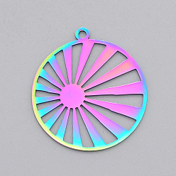 Rainbow Color Placage ionique (ip) 201 pendentifs en acier inoxydable, Coupe au laser, soleil, couleur arc en ciel, 31x28x1mm, Trou: 1.8mm