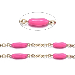 Deep Pink Handmade Enamel Beaded Chains, with Stainless Steel Curb Chains and Spool, Soldered, Long-Lasting Plated, Golden, Deep Pink, 1.5x1x0.1mm, about 32.8 Feet(10m)/roll