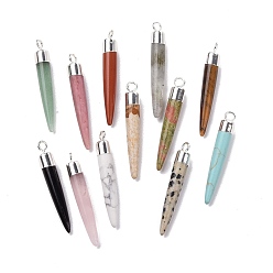 Mixed Stone Natural Gemstone Brass Pendants, Cadmium Free & Lead Free, Bullet Shaped, Silver Color Plated, 33~37x4~5mm, Hole: 2mm