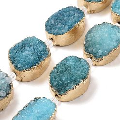 Dark Turquoise Golden Plated Dyed Oval Natural Drusy Quartz Crystal Beads Strands, Dark Turquoise, 30x22x5~12mm, Hole: 2mm, about 6pcs/strand, 7 inch