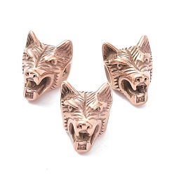 Rose Gold Ion Plating(IP) 304 Stainless Steel Beads, Wolf Head, Rose Gold, 14x11.5x11.5mm, Hole: 1.6mm