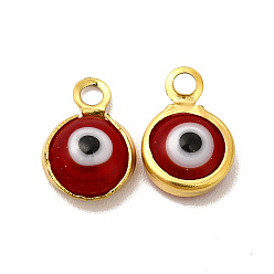FireBrick Ion Plating(IP) 304 Stainless Steel with Glass Enamel Charms, Real 18K Gold Plated, Flat Round with Evil Eye Pattern, FireBrick, 9.5x6.5x2.5mm, Hole: 1.6mm