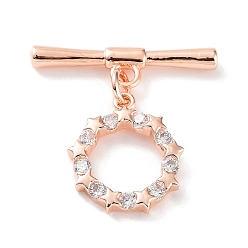 Rose Gold Rack Plating Brass Micro Pave Clear Cubic Zirconia Toggle Clasps, Star Ring, Cadmium Free & Lead Free, Long-Lasting Plated, Rose Gold, Ring: 15x13x3mm, Bar: 5.5x21.5x2.5mm
