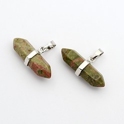 Unakite Natural Unakite Double Terminated Pointed Pendants, with Platinum Plated Brass Findings, Bullet, 15.5x30~35x8~9mm, Hole: 5x7.5mm