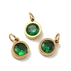 Green Vacuum Plating 304 Stainless Steel Pendants, with Cubic Zirconia and Jump Rings, Single Stone Charms, Flat Round, Golden, Green, 9.5x7.5x3mm, Hole: 3.6mm