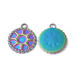 Rainbow Color Ion Plating(IP) 304 Stainless Steel Pendant Cabochon Setting, Flat Round with Sun Charm, Rainbow Color, Tray: 4mm, 16.5x14x1.5mm, Hole: 1.8mm
