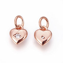 Rose Gold Brass Micro Pave Cubic Zirconia Charms, Heart, Rose Gold, 7.5x6.5x2mm, Hole: 3~3.5mm