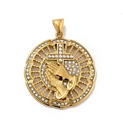 Golden Ion Plating(IP) 304 Stainless Steel Pendants, with Rhinestone and Acrylic Bead, Flower with Hand & Cross Pattern, Golden, 47x42x5mm, Hole: 8x4mm