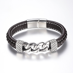 Brun De Noix De Coco Tressés bracelets cordon en cuir pour hommes, avec 304 accessoires en acier inoxydable et les fermoirs magnétiques, brun coco, 8-5/8 pouces (220 mm)