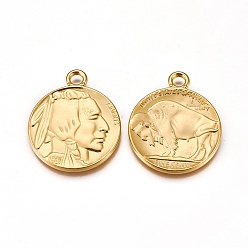 Golden Tibetan Style Alloy Coin Pendants, Flat Round with Indian Head and Buffalo, Cadmium Free & Lead Free, Golden, 40x33x3mm, Hole: 4mm