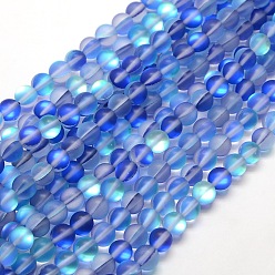 Blue Synthetic Moonstone Beads Strands, Holographic Beads, Half AB Color Plated, Frosted, Round, Blue, 6mm, Hole: 1mm, about 60pcs/strand, 15 inch