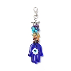 Mixed Stone Handmade Lampwork Evil Eye Pendant Decoration, Gemstone Chips Cluster Lobster Clasp Charms, Clip-on Charms, for Keychain, Purse, Backpack Ornament, 125~144mm