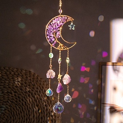 Amethyst Moon Natural Amethyst Chips & Glass Suncatchers, Hanging Pendant Decorations with Golden Metal Findings, 360mm