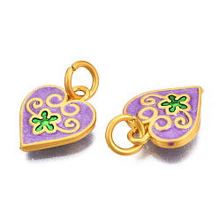Dark Orchid Alloy Enamel Charms, with Jump Rings, Matte Gold Color, Cadmium Free & Lead Free, Heart with Flower, Dark Orchid, 14.5x12x2.5mm, Jump Ring: 6x1mm, 4mm inner diameter