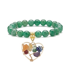 Aventurine Verte Bracelet extensible en aventurine verte naturelle, yoga chakra mixte pierres précieuses chips coeur avec bracelet à breloques arbre pour femme, diamètre intérieur: 2-1/8 pouce (5.4 cm)