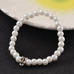 White Round Glass Pearl Beaded Stretch Bracelets, with Tibetan Style Alloy Tube Bails, Antique Silver, White, 48mm