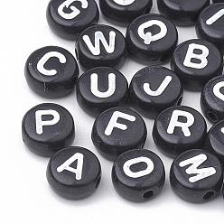 Letter Perles acryliques opaques, trou horizontal, style alphabet, plat rond, lettre, 7x4mm, Trou: 1.5mm, environ3700 pcs / 500 g
