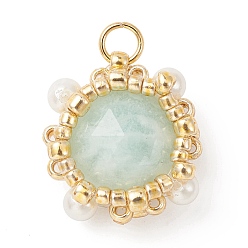 Amazonite Natural Amazonite Pendants, Faceted Flat Round Charms with TOHO Round Seed Beads and Round Shell Pearl Beads Wrapped, Real 18K Gold Plated, 15x13.5x6.5mm, Hole: 2.6mm