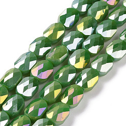 Vert Brins de perles de verre plaquées à facettes, de couleur plaquée ab , couleur unie opaque, ovale, verte, 10.5x8x5mm, Trou: 1.5mm, Environ 58~60 pcs/chapelet, 25.59 pouce (65 cm)