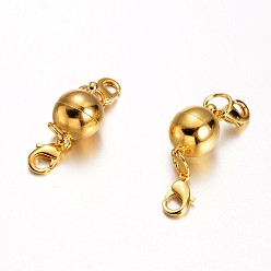 Golden Eco-Friendly Round Brass Magnetic Clasps Converter, with Lobster Claw Clasps, Lead Free & Nickel Free, Golden, 14x8mm