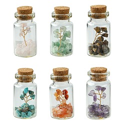Mixed Stone Transparent Glass Wishing Bottle Decoration, Wicca Gem Stones Balancing, with Tree of Life Synthetic & Natural Mixed Gemstone Beads Drift Chips inside, 22x45mm, 6pcs/set