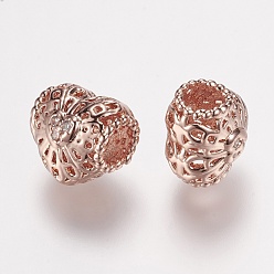 Real Rose Gold Plated Brass Micro Pave Grade AAA Cubic Zirconia Beads, Heart, Hollow, Cadmium Free & Nickel Free & Lead Free, Real Rose Gold Plated, 9x8x7mm, Hole: 3mm