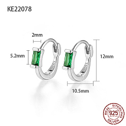 Зеленый Прямоугольные женские серьги-кольца из стерлингового серебра с родиевым покрытием 925 из стерлингового серебра с паве из циркония, с печатью 925, платина, зелёные, 12x2x10.5 мм