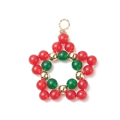 Malaysia Jade Natural & Dyed Natural Malaysia Jade Copper Wire Wrapped Pendants, Christmas Red Green Star Charm, Golden, 34x28x4.5mm, Hole: 3mm